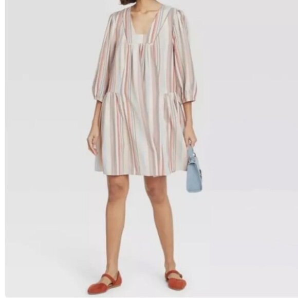 Knox Rose Rayon Linen Blend Boho Squared Neck Striped Summer Dress Sz XXL Flowy - Picture 1 of 13